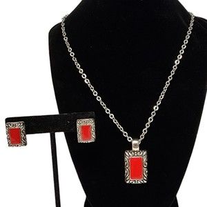 Bijoux Terner 28"  Necklace Pendant & Earring Set Silver Tone and Red Enamel